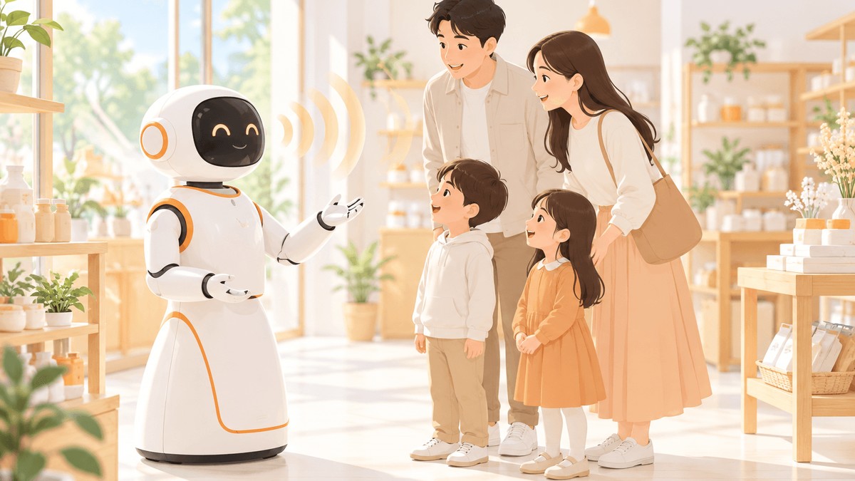 Un robot de service et une famille dans un magasin, illustration iFLYTEK