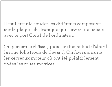 Zone de Texte: Il faut ensuite souder les diff�rents composants sur la plaque �lectronique qui servira&nbsp; de liaison avec le port Com1 de l'ordinateur.
On percera le ch�ssis, puis l'on fixera tout d'abord la roue folle (roue de devant). On fixera ensuite les cerveaux moteur o� ont �t� pr�alablement fix�es les roues motrices.
