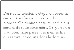 Zone de Texte: Dans cette troisi�me �tape, on perce la carte m�re afin de la fixer sur la planche. On d�nude ensuite les fils qui sortent de cette carte m�re. On perce un trou pour faire passer ces m�mes fils qui seront introduits dans le domino
