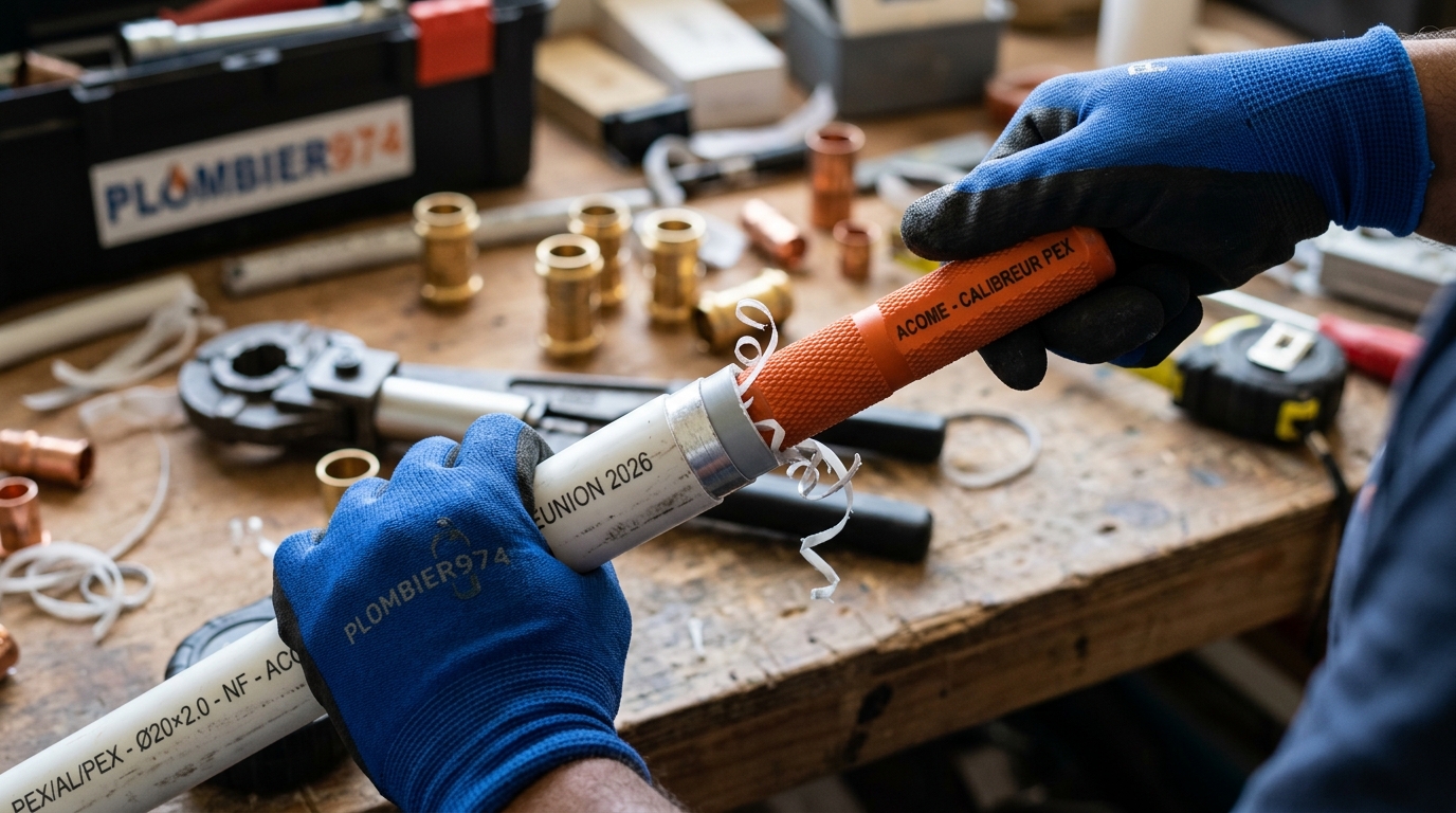 Le calibrage de l'embout du tube PER avant sertissage.